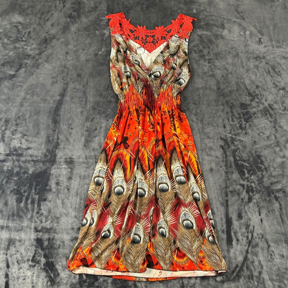 Unbranded Peacock‎ Feather Print Dress Womens Medium Orange Crochet Lace Smocked